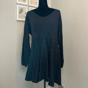 Asos Black Long Sleeve Cotton Mini Dress with Drawstring Gathered Waist
